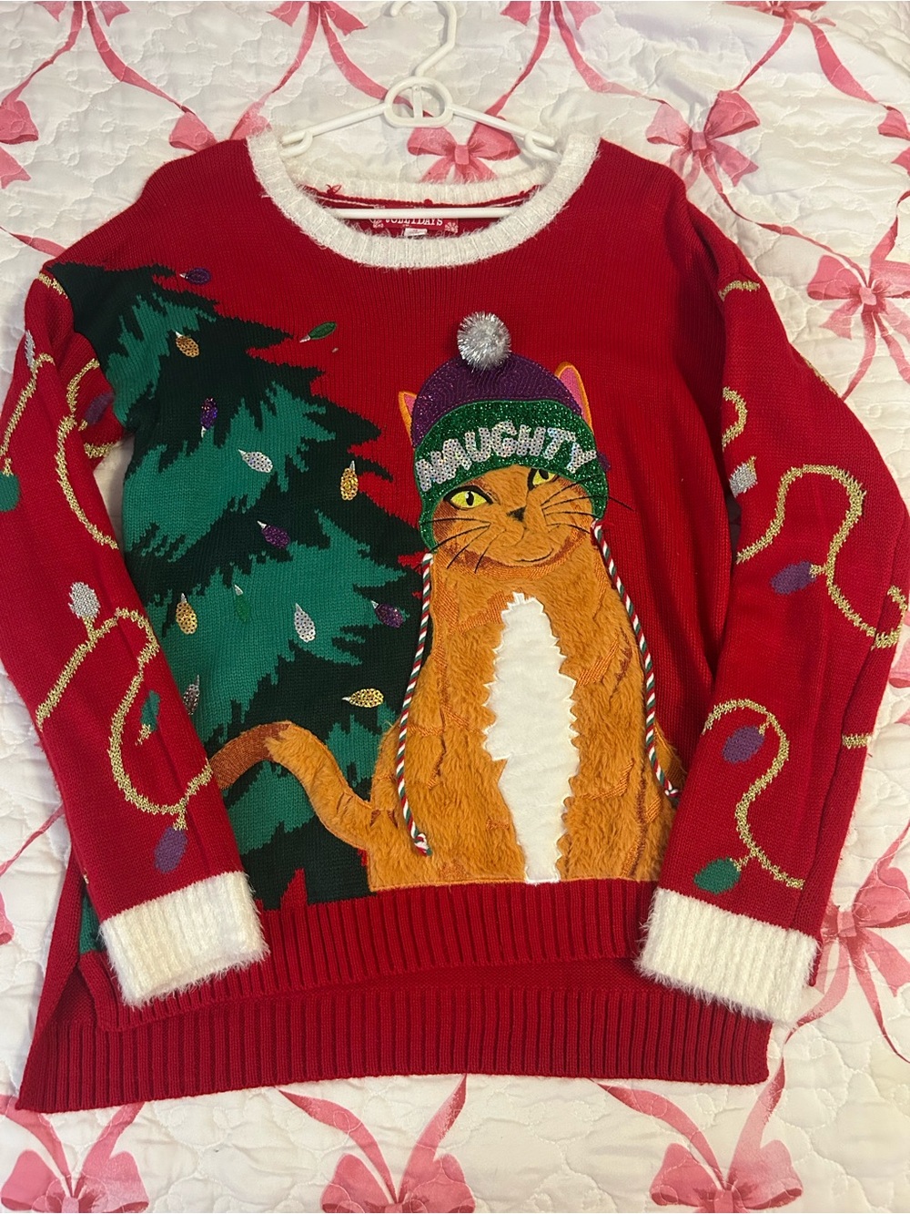Red Holiday Sweater with Naughty Cat Graphic